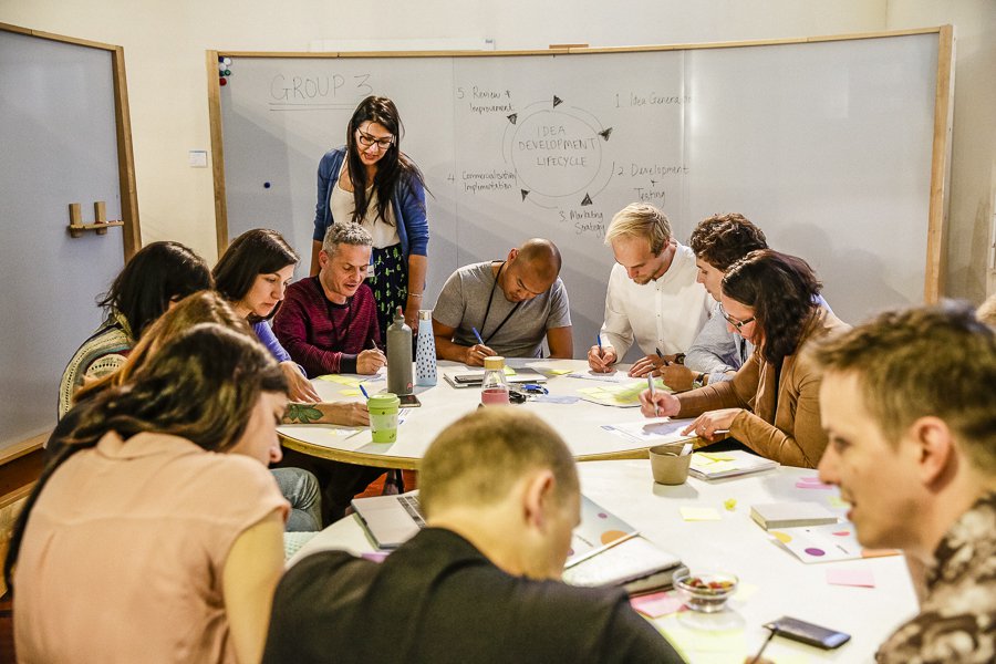 People sitting around a table with a whiteboard in the background, participating in a workshop