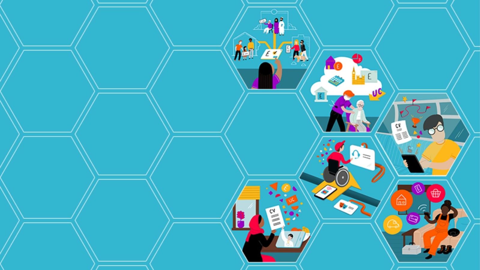 Illustration of lots of different people with CVs job hunting, money and community