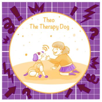 An illustration showing how Theo the Therapy Dog can help people