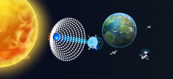 An artist's depiction of a mirror array collecting the sunlight and focuses it on the satellite in closest proximity, which then converts it in to energy. 