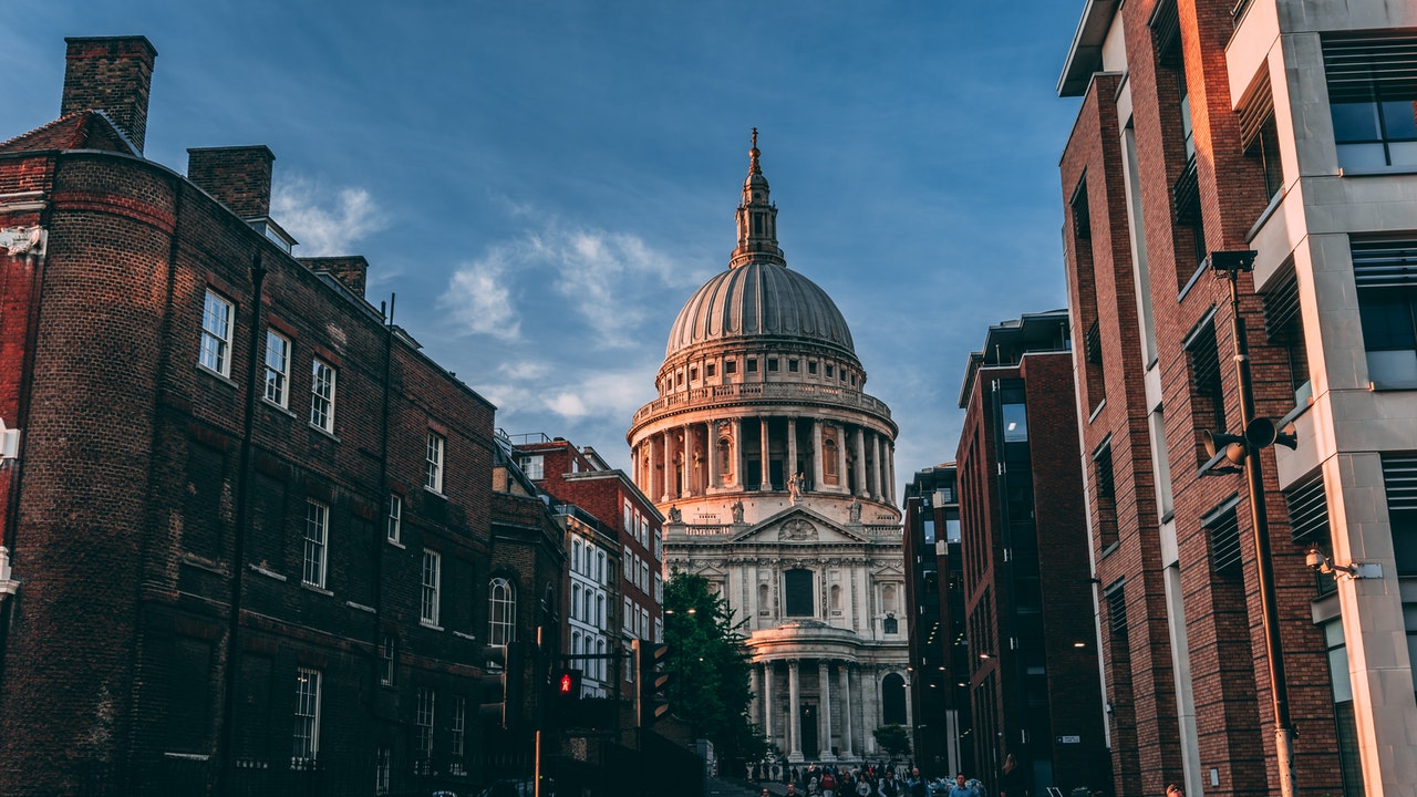 A view down a London street towards St. Pauls Cathedral