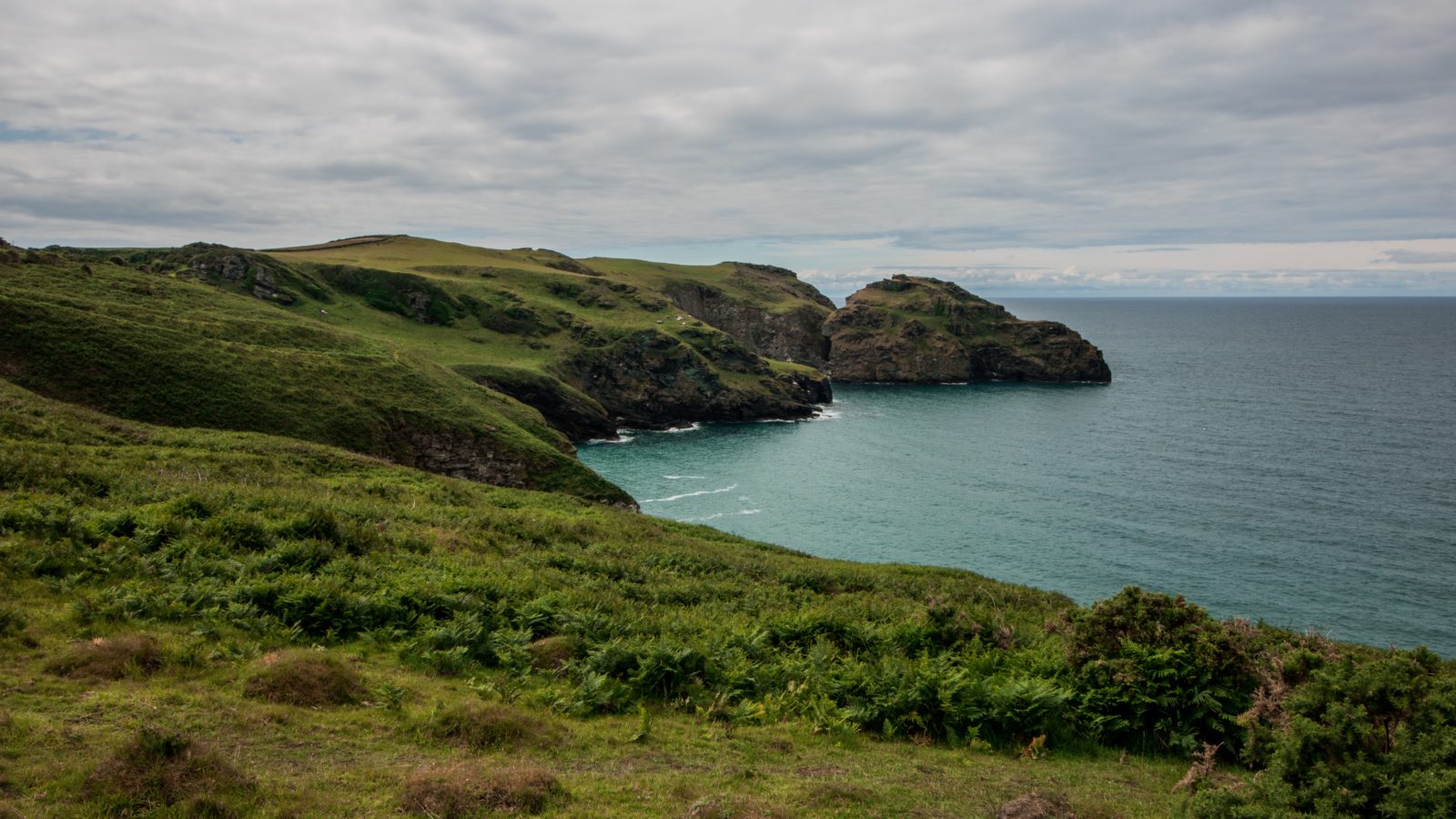A lush green spit of coast curves around as it meets the sea