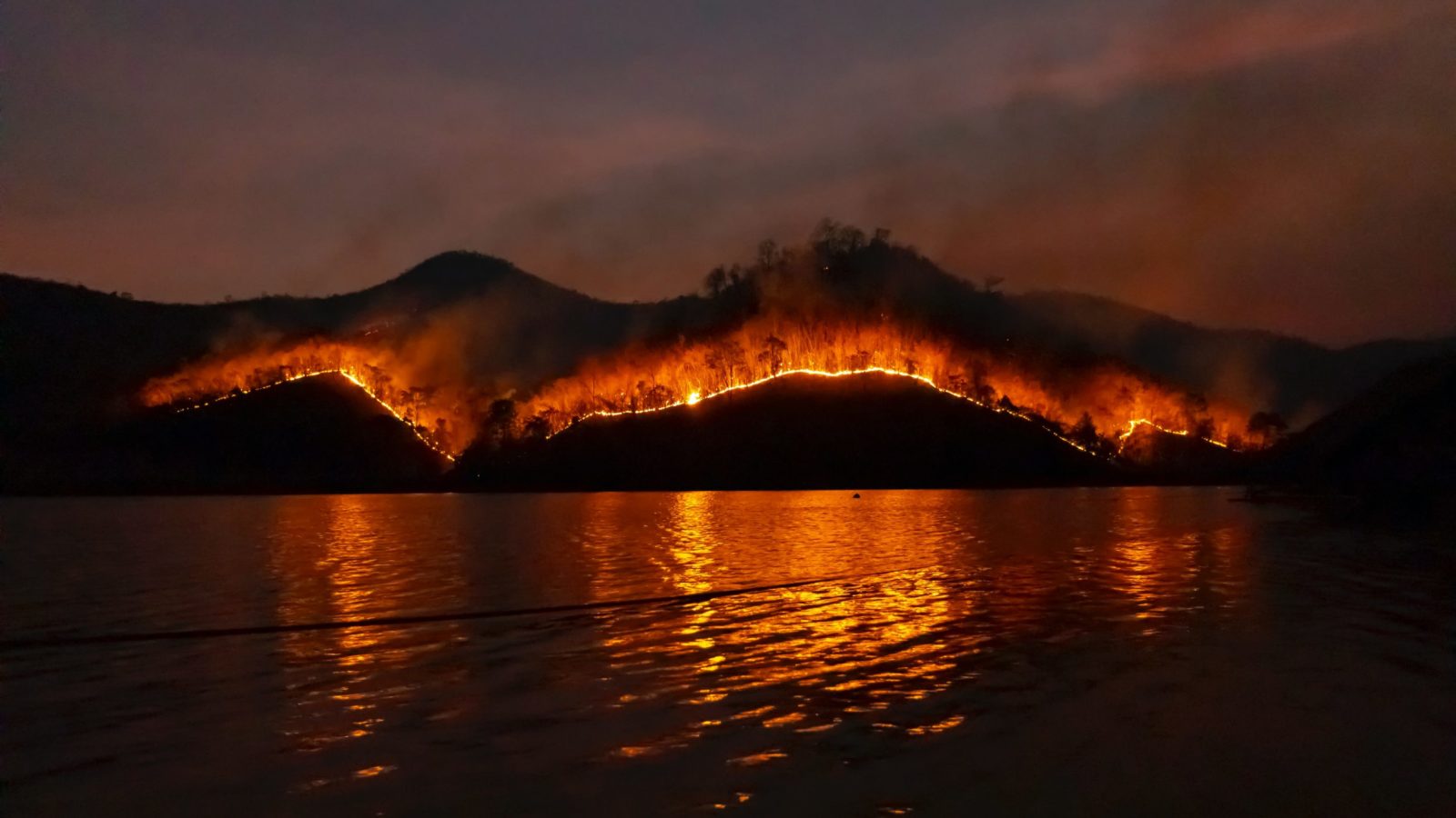 A forest fire burns in the distance reds and oranges and is reflected by water.