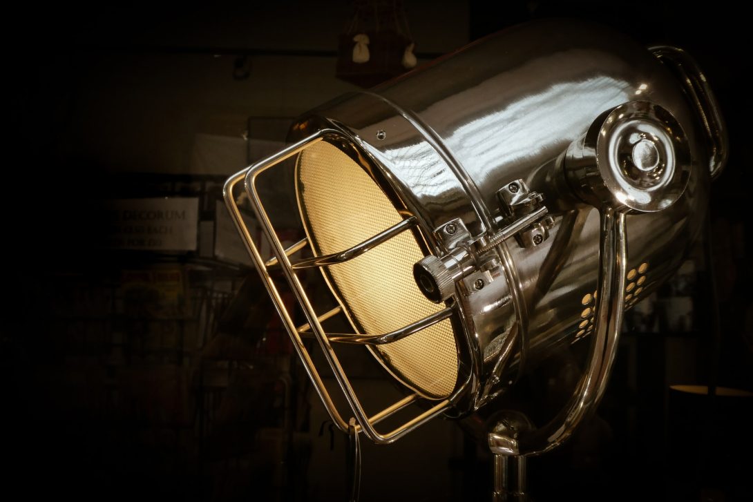 A metal framed entertainment spotlight.