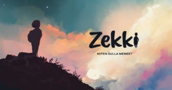 Zekki logo on right with person standing on hilltop on left