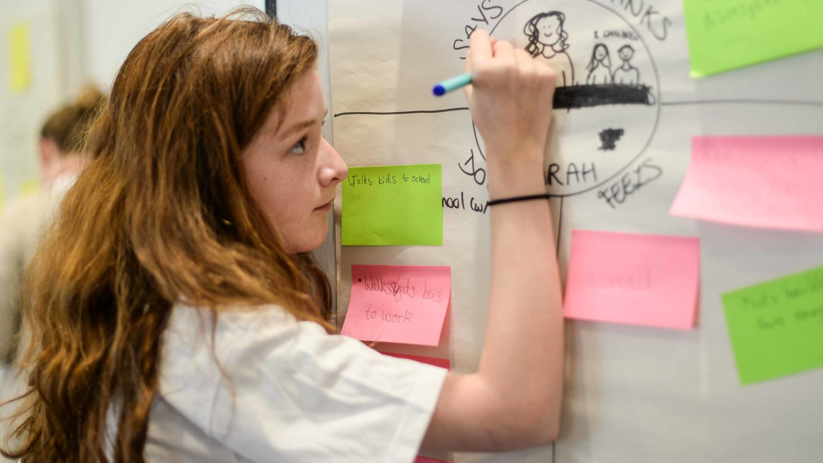 Teenager writing thoughts on post-its on a wall