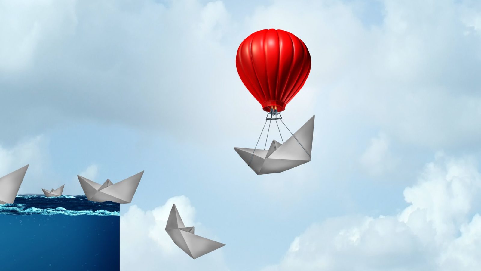 Illustration: paper boats float off the end of the sea, except one which is carried away by a hot air balloon