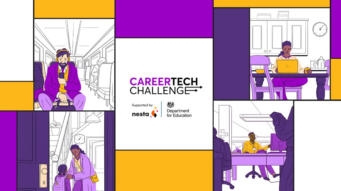 CareerTech Challenge logo surrounded by illustrations of people living their day to day lives.
