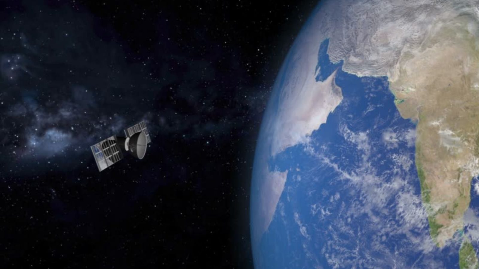 Animation of Nasa satellite pointed at a green an blue earth with the arms of the milky way galaxy in the background