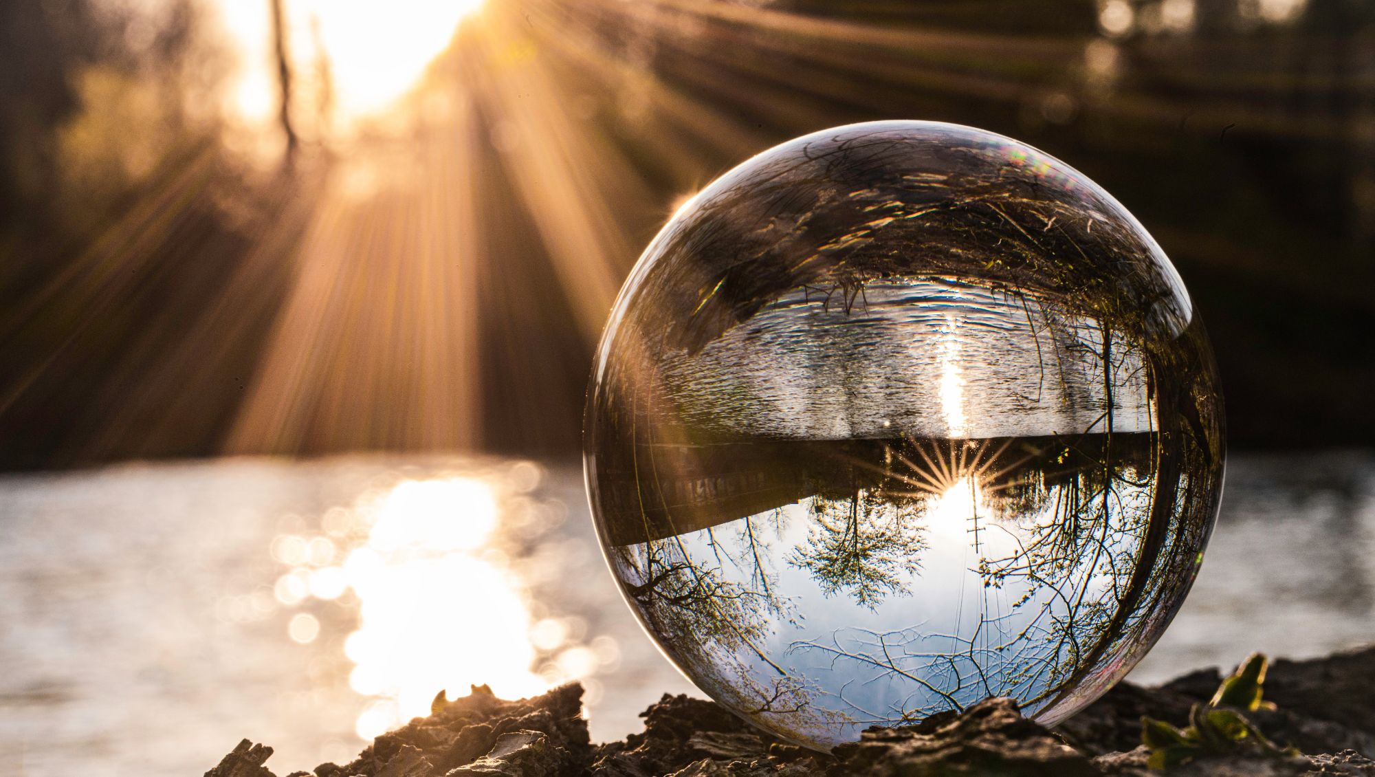 A glass lens ball inverts and focuses the scene of a riverbank and trees at sunset