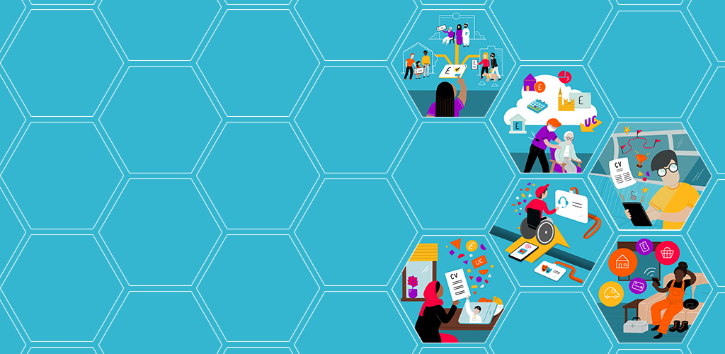 An illustration of hexagons. In some of the hexagons are smaller illustrations of various challenge ideas.