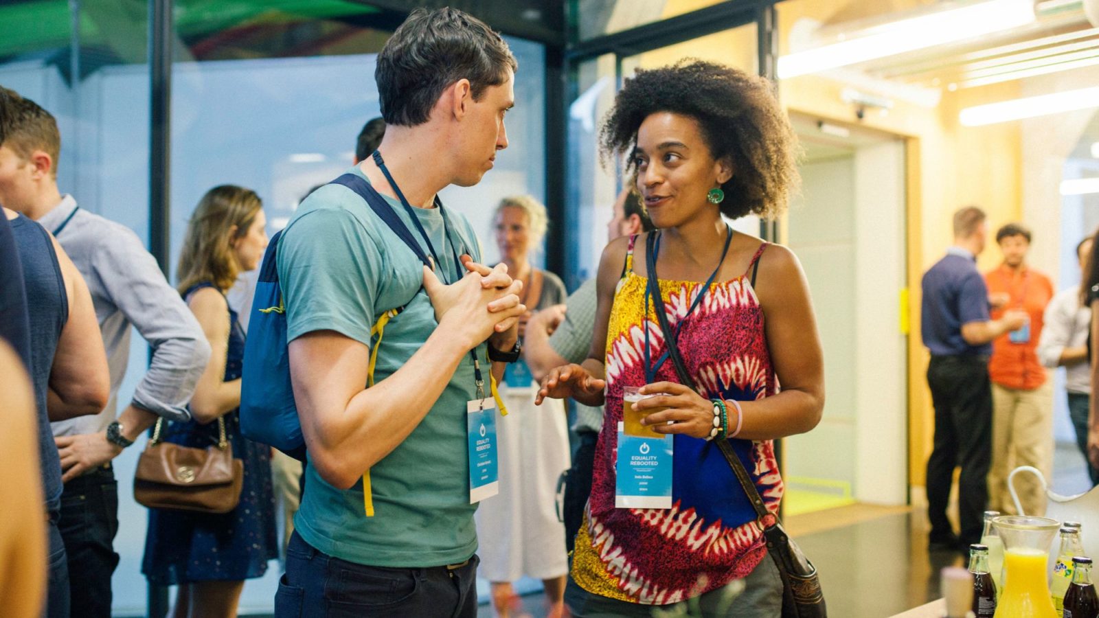 Two people chatting at an event