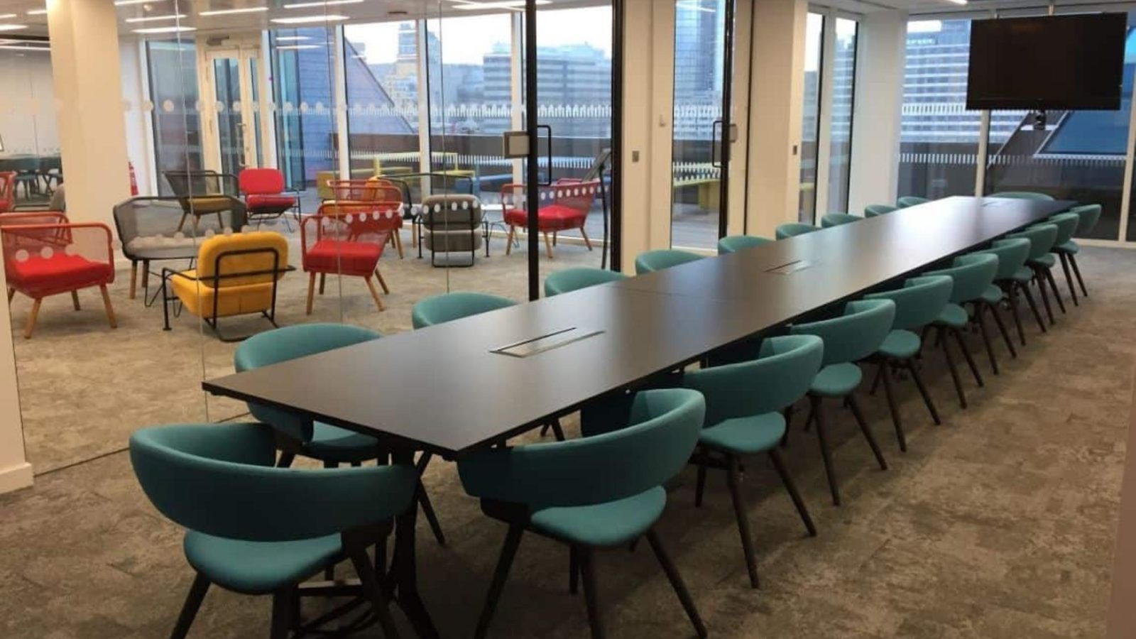 One of our bright hybrid enabled meeting rooms on the top floor of our London offices