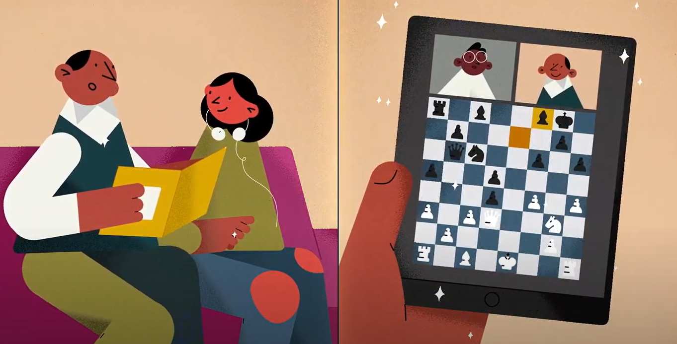 An illustration of a couple sat on a sofa playing chess on a tablet or ipad
