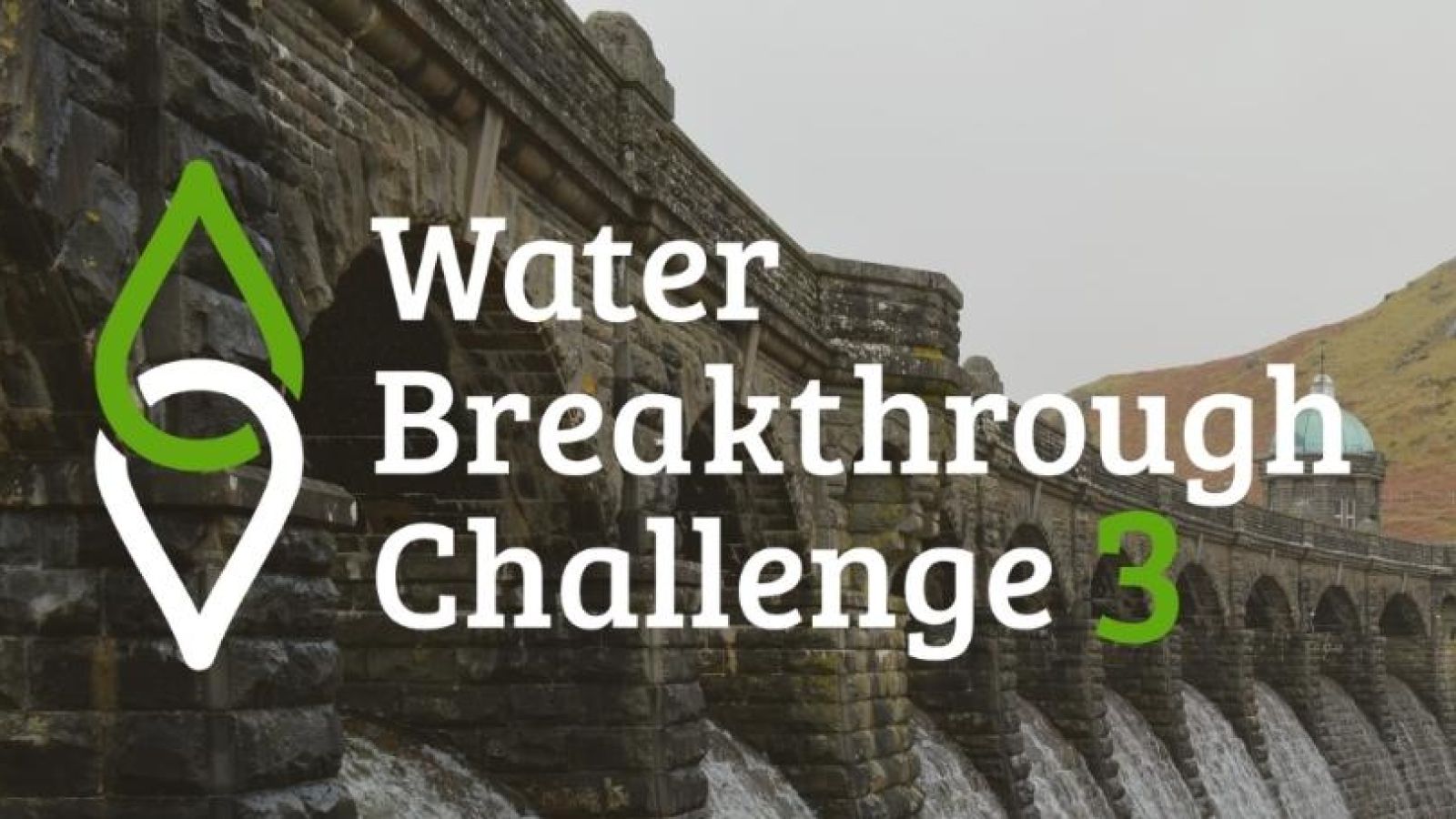 Water Breakthrough 3 logo over a picture of a victoria damn with water flowing through it