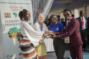 Gillian Caldwell with Mombasa Plastics Prize innovators at the Africa Climate Summit