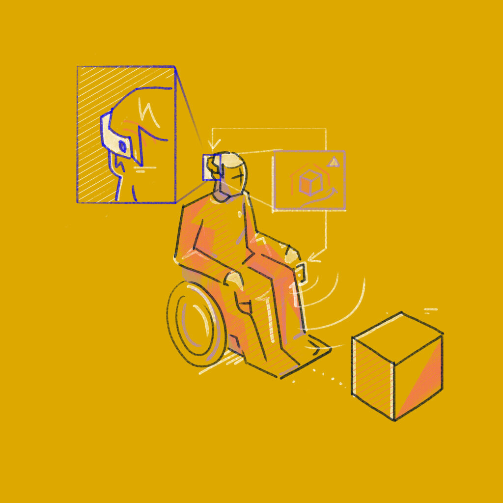 illustration on a yellow background of a person in a wheelchair with a device on their head|