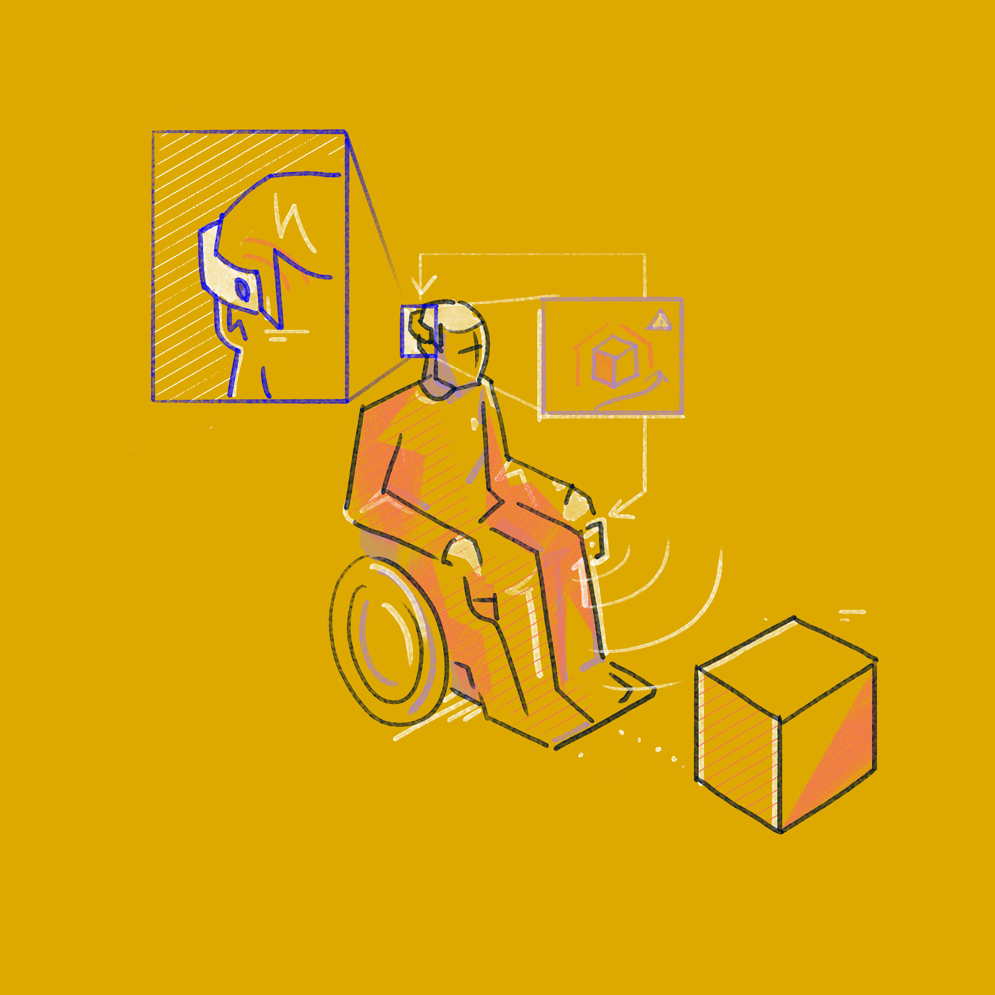 illustration on a yellow background of a person in a wheelchair with a device on their head|