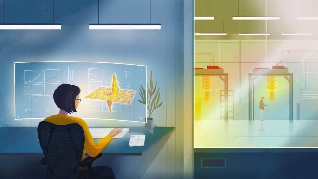 Illustration of a women sitting on a desk using a wide screen monitor