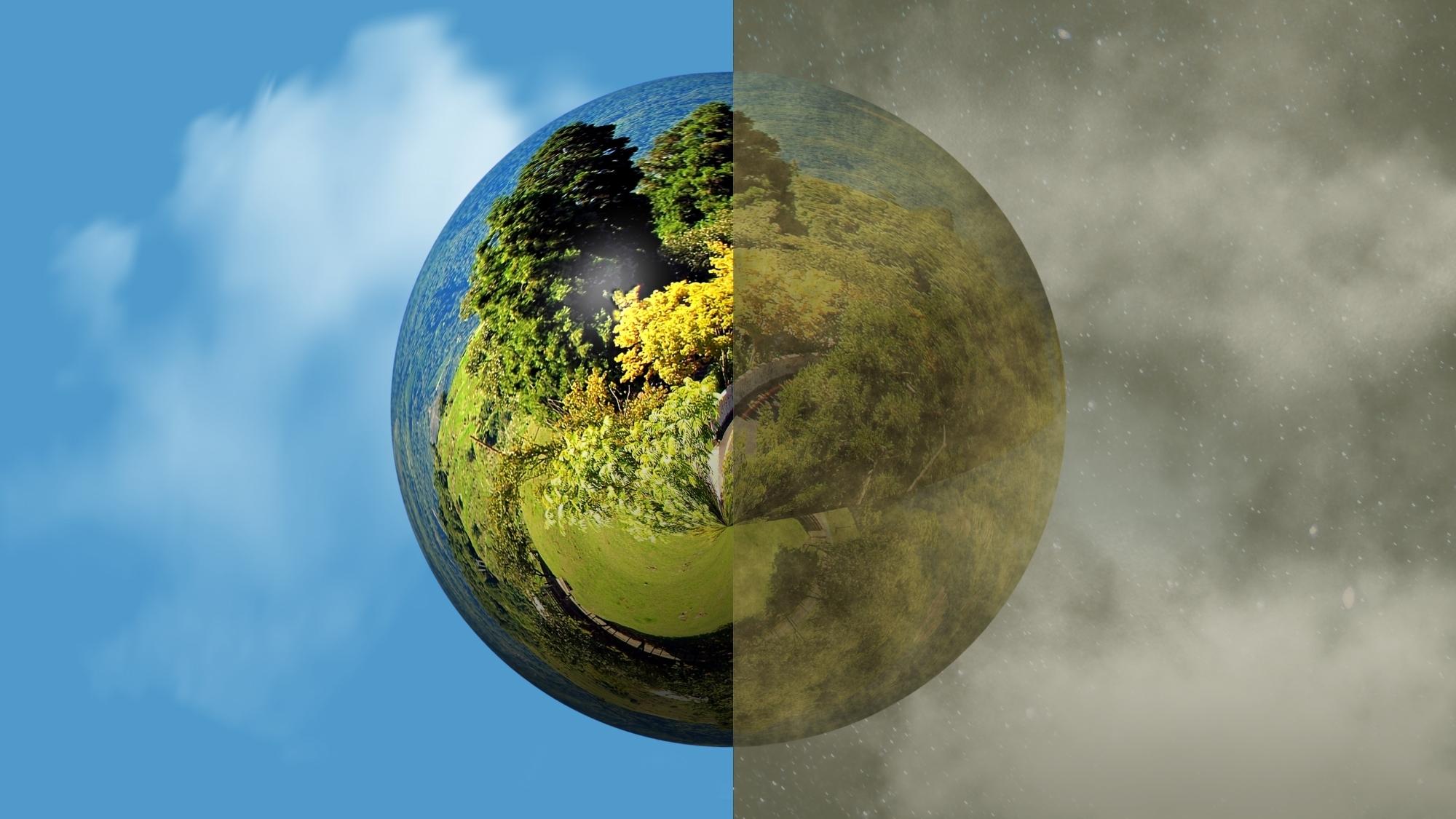 An abstract illustration of an earth split into a clean earth and a polluted earth.|A placard with words handwritten in bold black letters_ IF NOT NOW