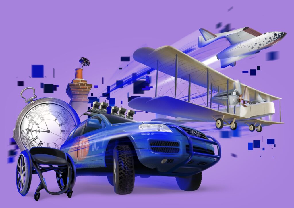 An illustration depicting various challenge prizes, represented by a car, an airplane, a chimney, a chronometer, a wheelchair, and a spacecraft