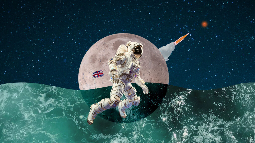 AI generated image of the moon submerged in water with an astronaut standing in front
