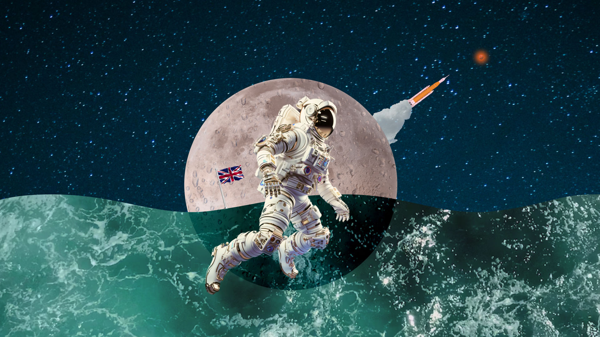 AI generated image of the moon submerged in water with an astronaut standing in front