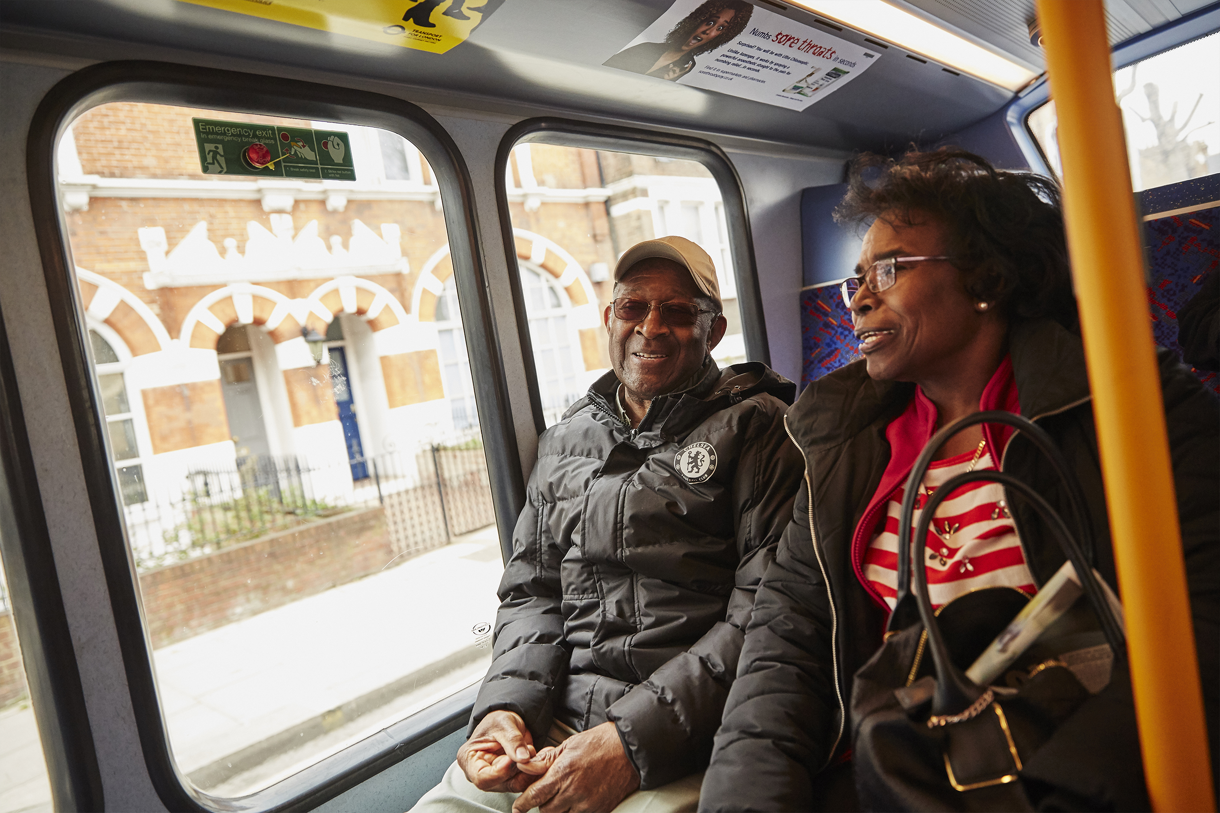 Two older black people sitting on a bus|Alzheimer's Society Logo|UKRI Innovate UK Logo|Alzheimer's Society Logo|Trevor|Amanda|Hilary|Ian|Irene|Irene|Jake|Jennifer|Mark|Martina|A Black women with short curly hair