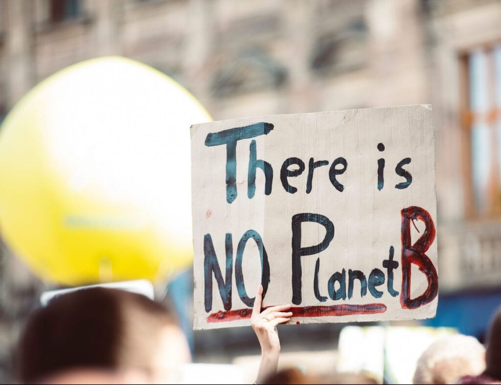 A protest sign that says in black ink "There is NO planet B". B is in red paint.