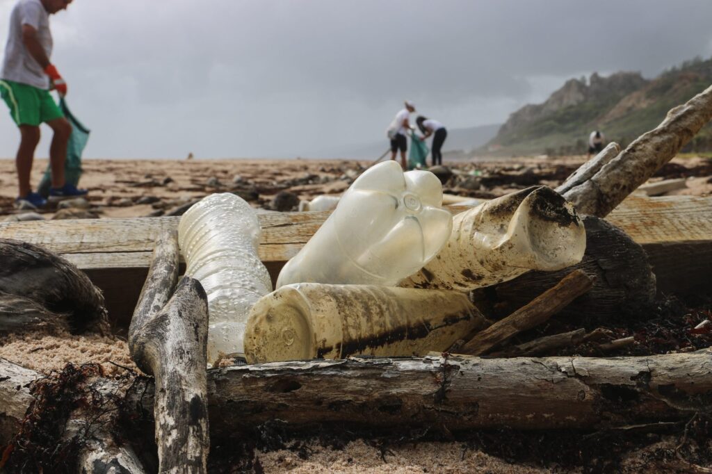 Old plastic washed up on a beach with volunteers collecting in the background|