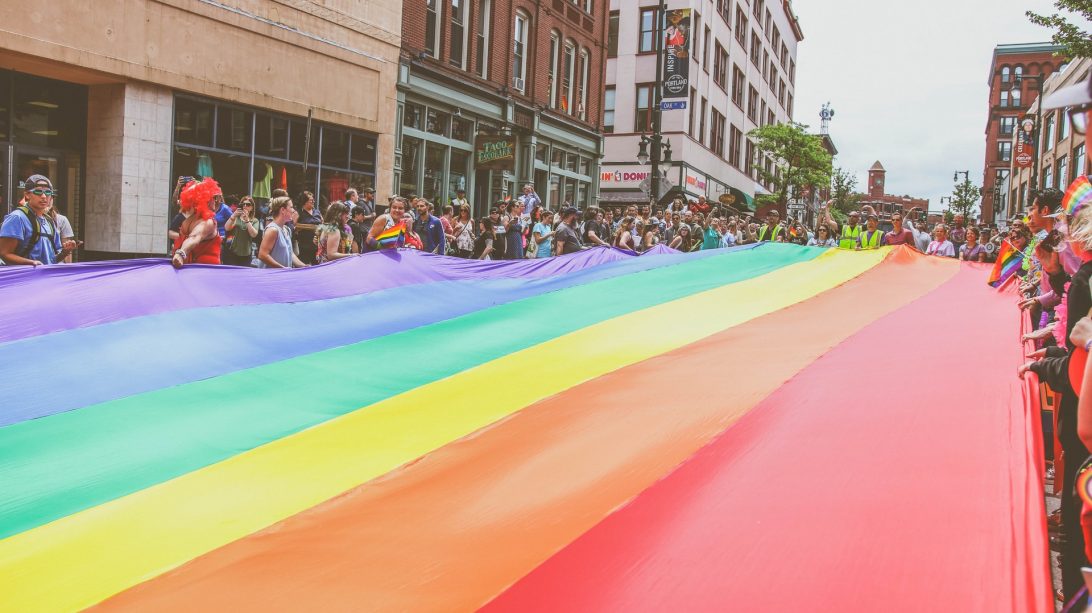 A crowd holding an enormous rainbow flag|Two women working on computers with multiple monitors