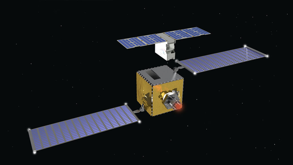 A cube satellite flying through space|An artist's depiction of a mirror array collecting the sunlight and focuses it on the satellite in closest proximity