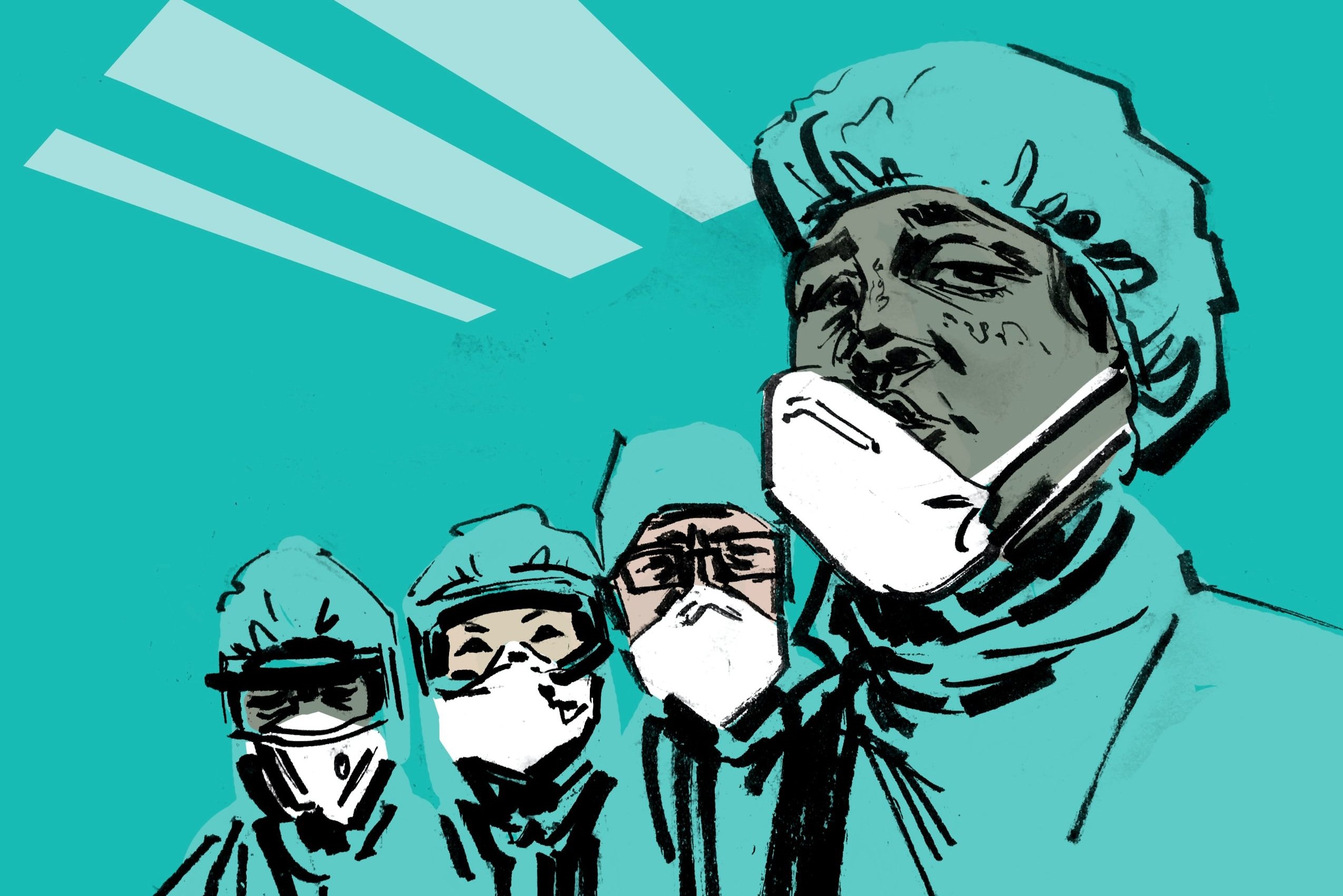 illustrations in medical blue of doctors looking tired|Strictly Come Dancing