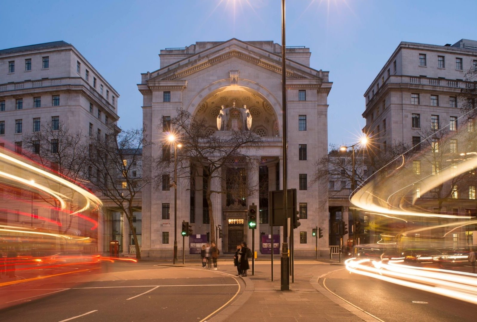 A London street shot at night on long exposure - the cars and busses lights are blurred|Better Bankside logo|King's College London logo|Prospective logo|Better Bankside logo|King's College London logo
