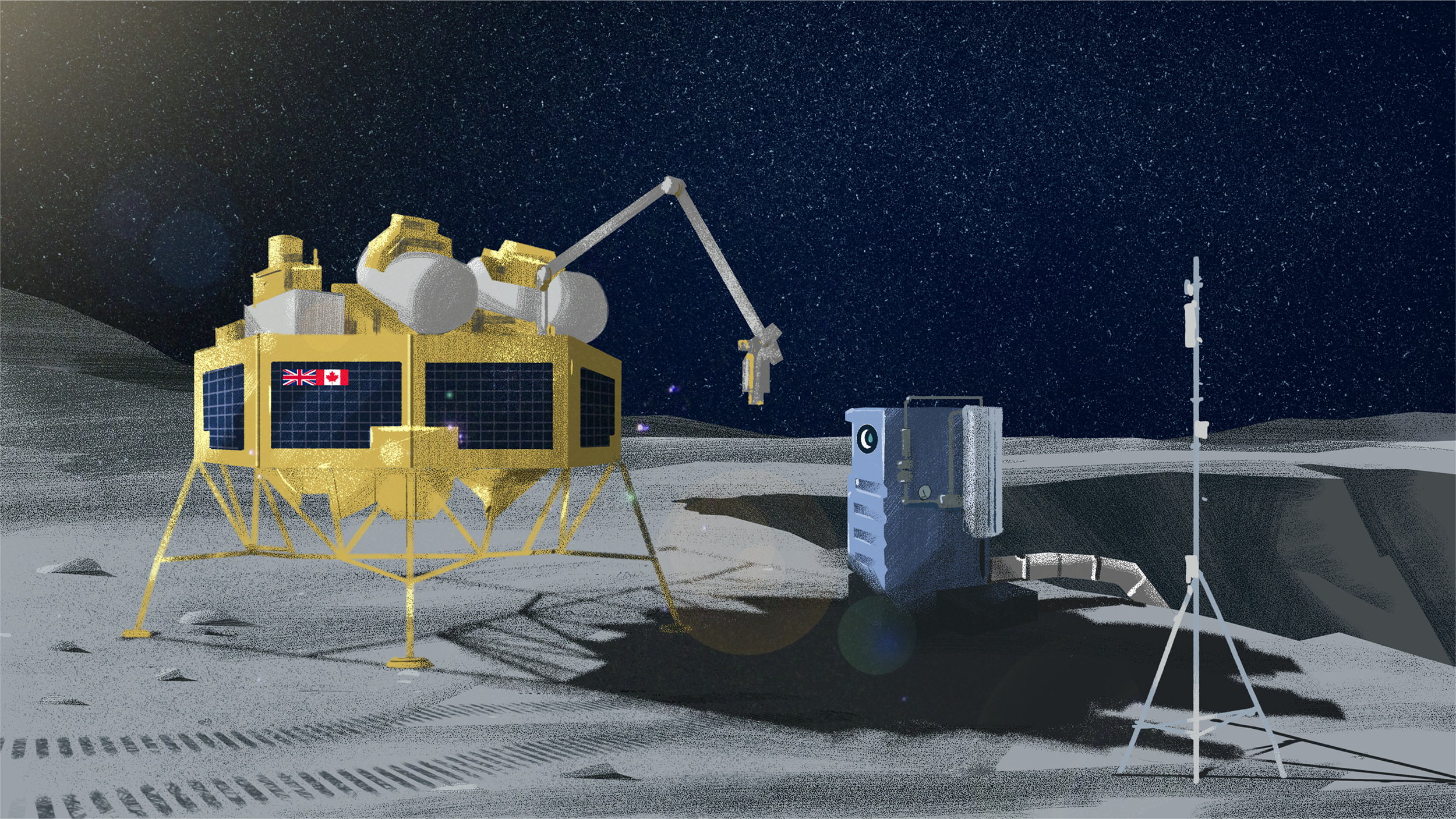 AI generated image of a lunar lander equipped with solar panels and robotic arms operates alongside a connected module under a starry sky on the Moon's surface.
