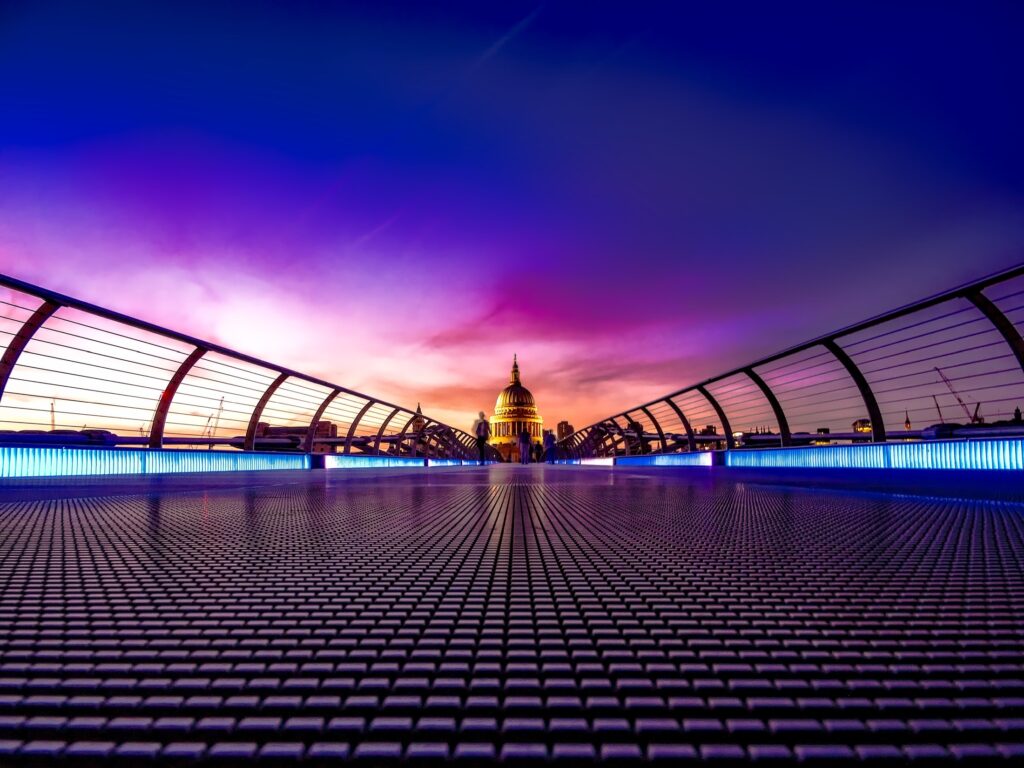 The view across to St Paul's from Millennium Bridge at sunset