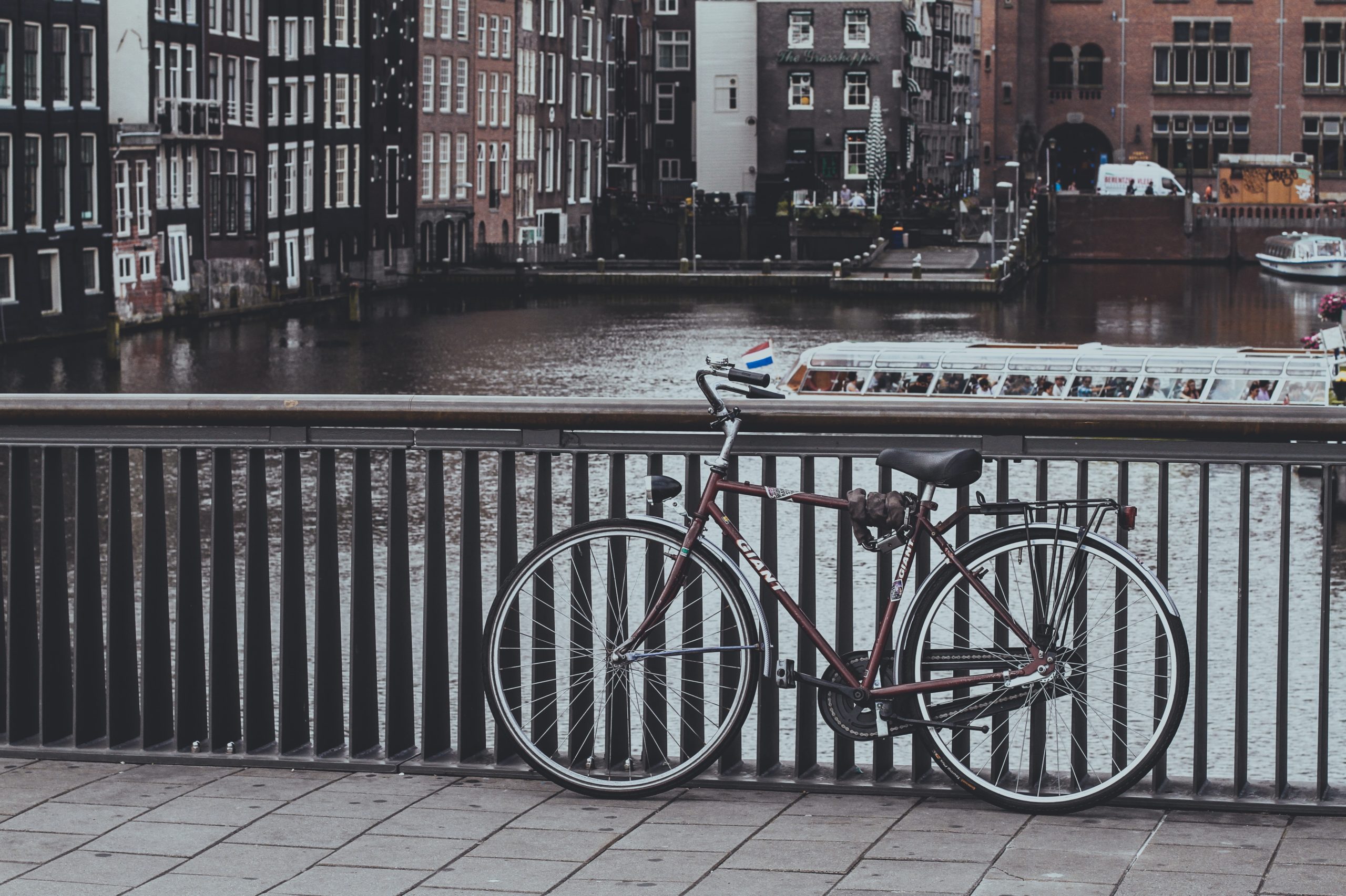 grayscale photo of a bike leaning against the railings of a bridge