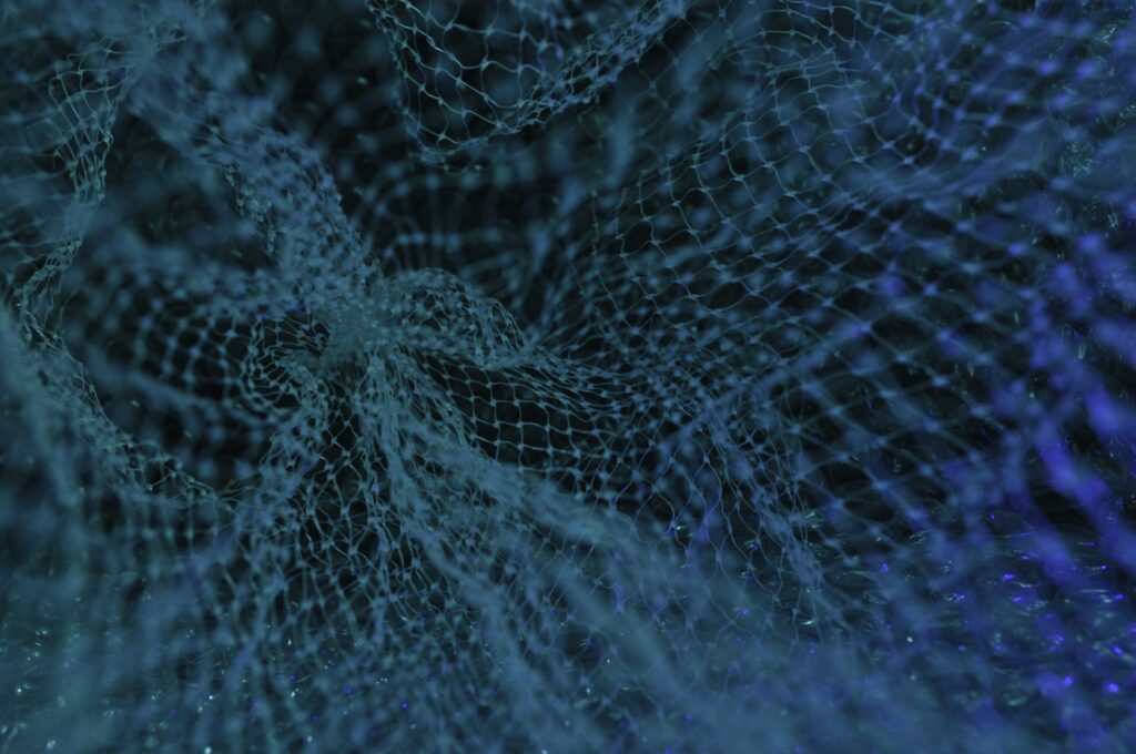 blue and white abstract netting design