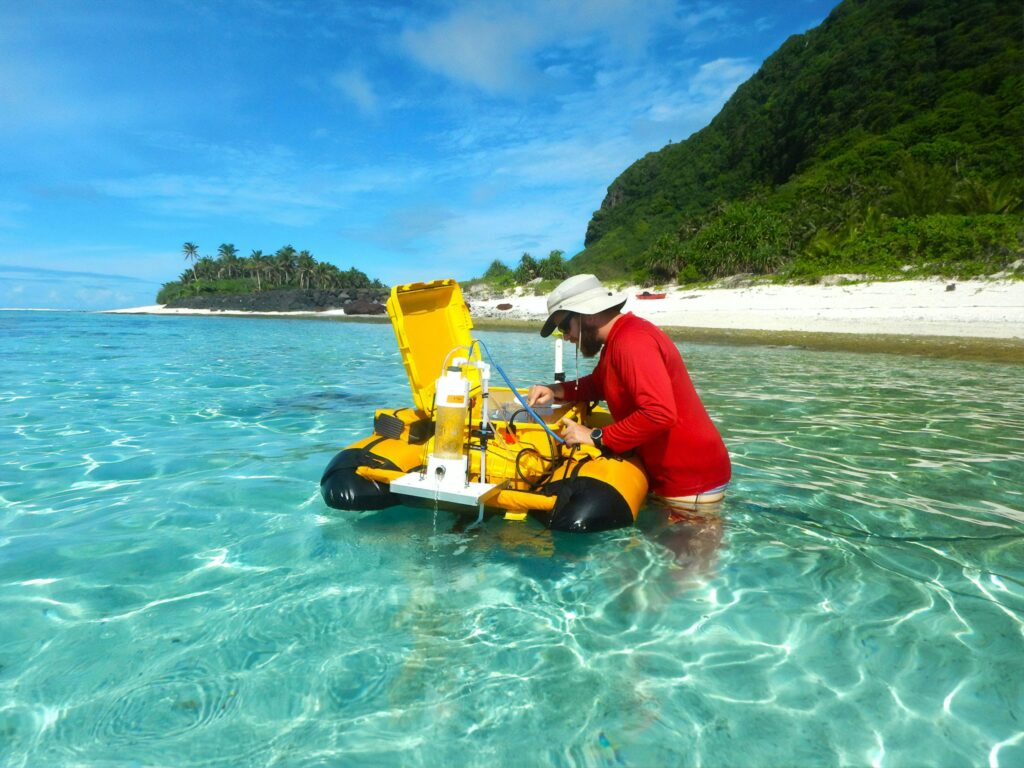 Radon detector setup.USGS physical scientist Cordell Johnson installs a special buoy in the waters of the National Park of American Samoa on Ofu in the Manuʻa Islands Group