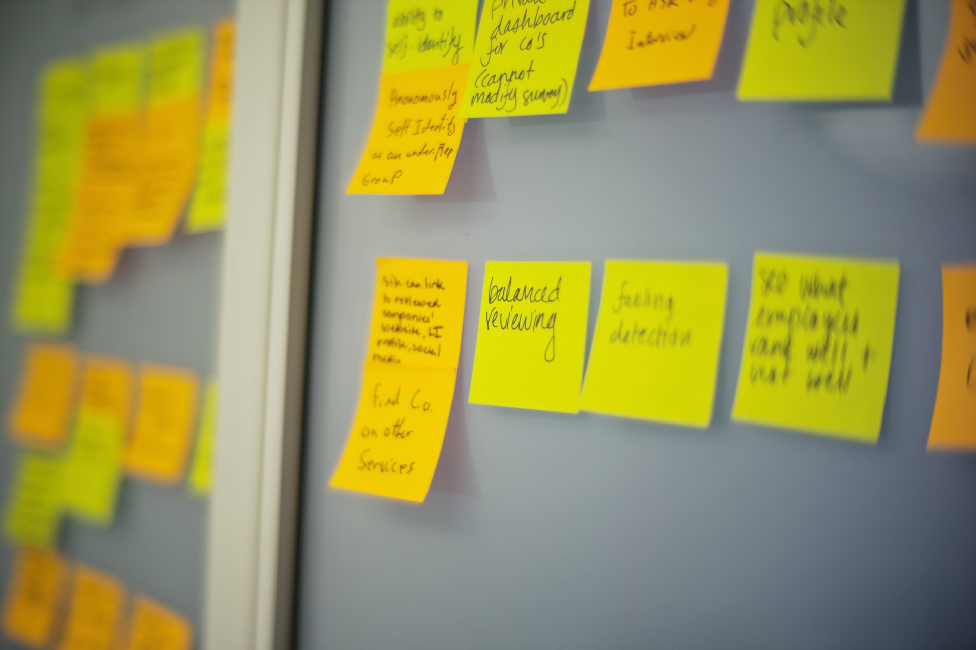 A wall of yellow post it notes from a design sprint